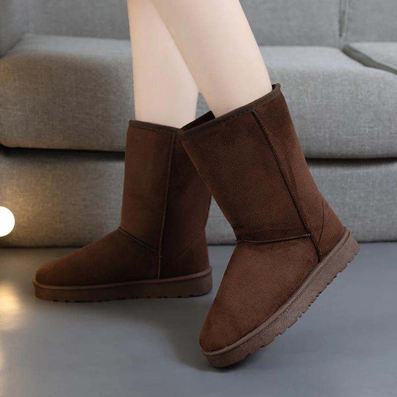 Женская обувь 2024 Высококачественные зимние женские сапоги Теплые сапоги до середины икры Женские сшитые круглые носки Низкий плоский каблук Слипоны Женские