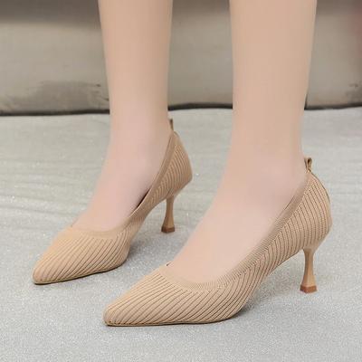 Модные черные туфли на высоком каблуке 2024 года, новые женские туфли с неглубоким носком, профессиональные рабочие туфли с острым носком и шпильками, вязаные одинарные туфли