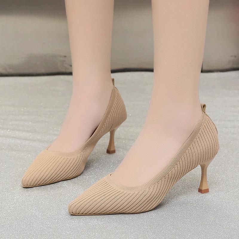 Модные черные туфли на высоком каблуке 2024 года, новые женские туфли с неглубоким носком, профессиональные рабочие туфли с острым носком и шпильками, вязаные одинарные туфли