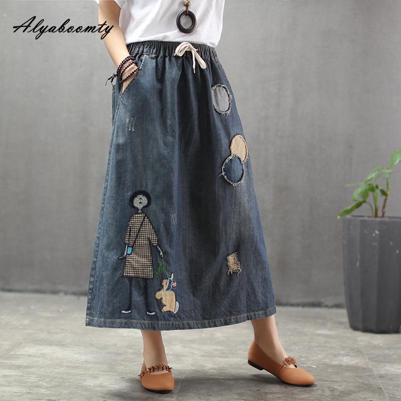 Японская мори девушка, весна-осень, женская джинсовая юбка трапециевидной формы с высокой талией, винтажная юбка с мультяшной аппликацией, элегантная рваная шикарная юбка