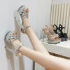 New Waterproof Table Heel Round Head Transparent Crystal Sole Sandals Strap Shiny Sexy Rhinestones