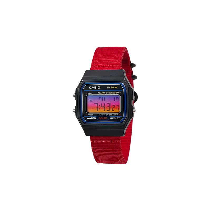 Casio Индивидуальные часы модифицированная серия черный корпус из смолы классические ретро маленькие квадратные часы жизнь F-91W---NEO-CRIMS-HongSeBiaoDaiZiHuangJianBianBiaoJing