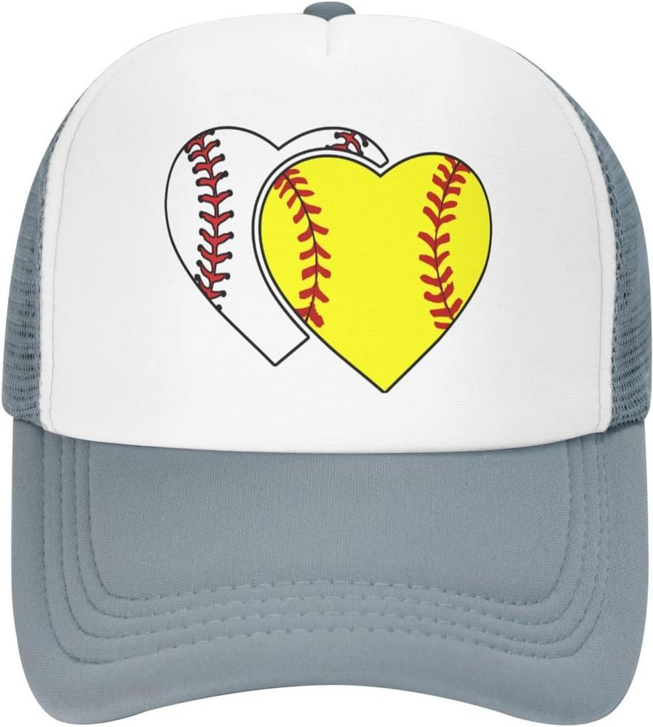 Softball Heart Graphic Trucker Hat Polyester Mesh Adjustable Baseball Cap Casual for Men Women