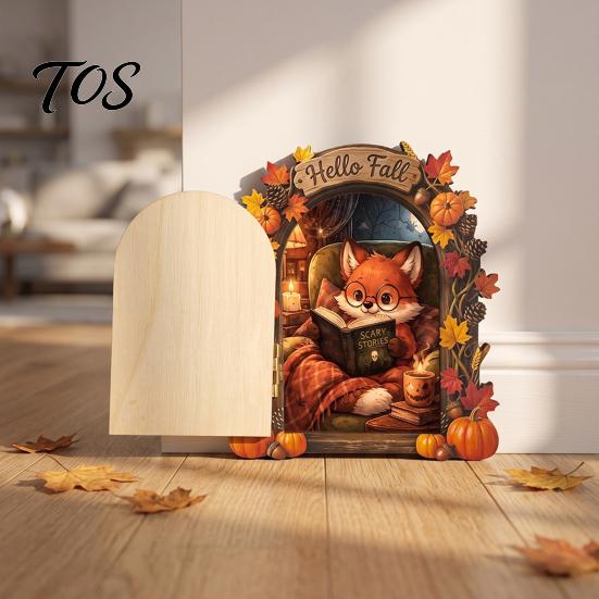 Elf Decorative Ornaments Wooden Door Halloween Decor, 2D Fairy Mouse Miniature Wall Rustic Autumn Shelf Decor Hanging, Ornament for Home, Thanksgiving