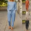 Womens Casual Blouse and Pants Cotton Two Pieces Set Solid Color Loose Female Outfits