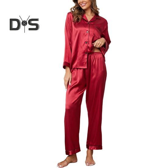 Пижамный костюм из 2 предметов, атласный однобортный кардиган, рубашка с V-образным вырезом, воротником-стойкой, однотонная рубашка с нагрудным карманом, широкие свободные брюки, ночная рубашка