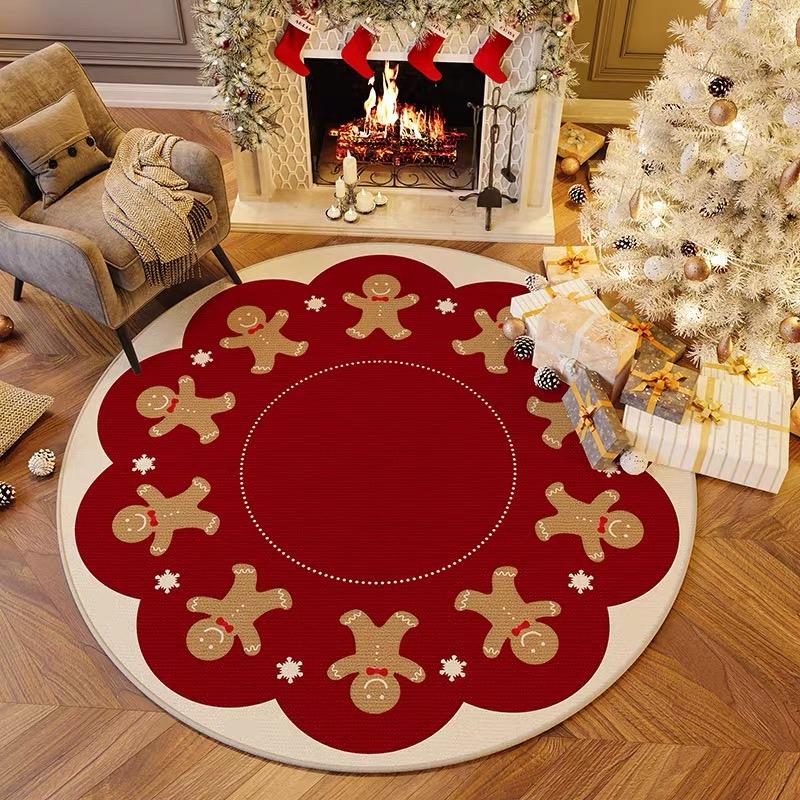 VIKAMA Christmas Round Carpet Living Room Bedroom Festive Red Festive Atmosphere Decorated Christmas Tree Decoration