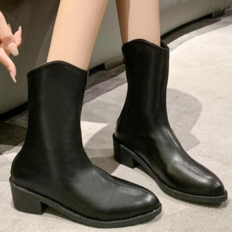 Shoes for Women High Quality Winter Mid-Calf Women' Boots Solid Color Pointed Toe Zipper Mid Heel British Style Shoes Women