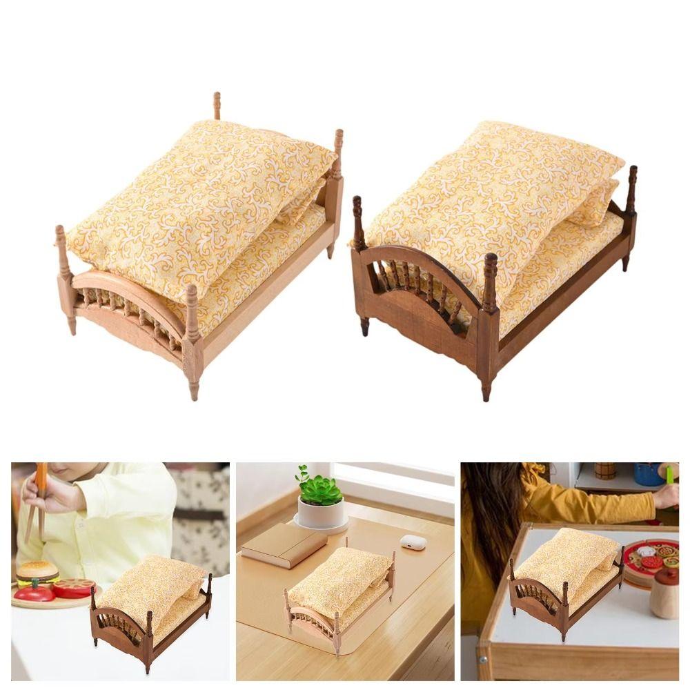 Bedroom Dollhouse Wood Bed 1:12 Simulation Single Bed Miniature Wood Bed  Pretend Play