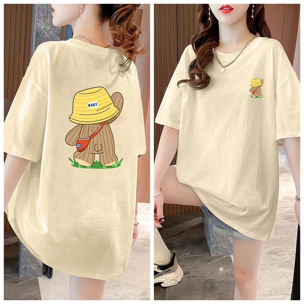 YK Style Womens Solid Color Short Sleeved Tshirt with Cartoon Bear Pattern Print