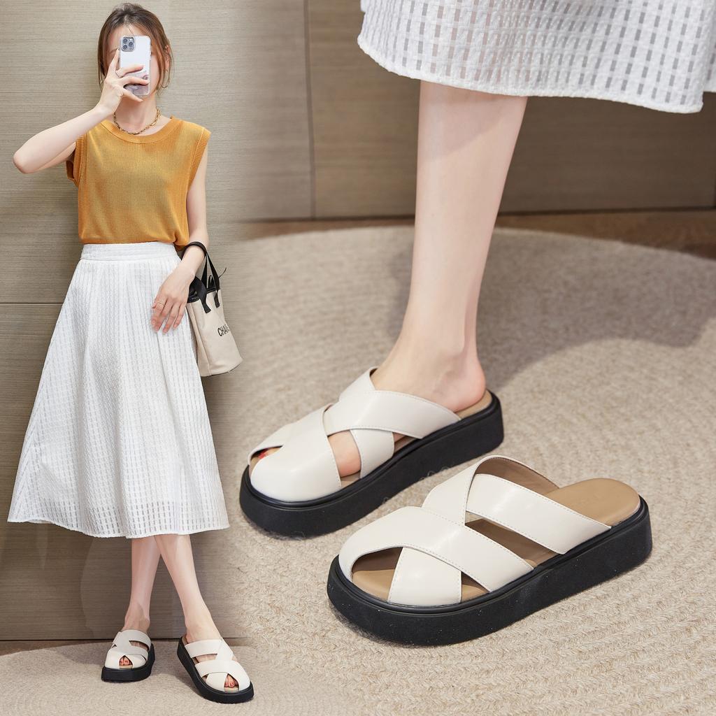 Summer New Bag Head Slippers Women's Outer Wear Woven Hollow Thick Bottom Heightening Casual Versatile Leather Cool Slippers
