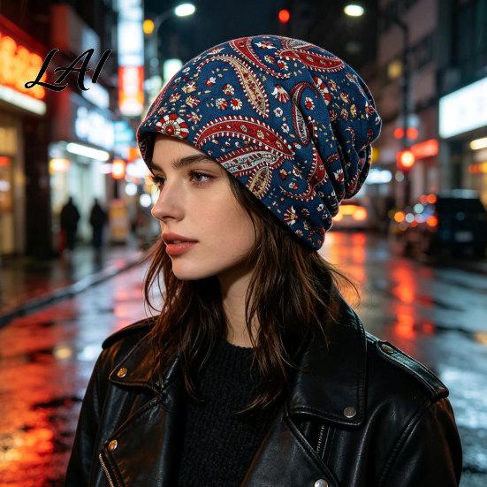 Versatile Lazy Style Hair Tie Women's Geometry Print Slouchy Hat Casual Soft Stretch Skull Hat for Women Cap Warm Cancer Chemo Headwear Outdoor