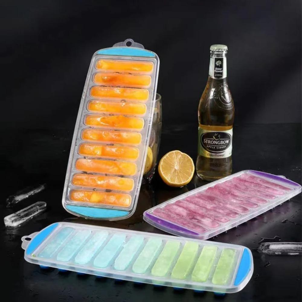 DIY 10 Holes Long Strip Ice Cube Mold with Lid Homemade Ice Cube Tray Silicone Baking Mold Cold Drink