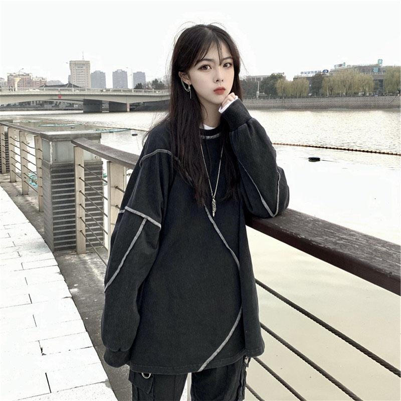 Толстовки без шляпы Harajuku BF Style Черные хип-хоп Шикарные толстовки для подростков Осенние модные универсальные повседневные простые женские уличные одежды Новинка
