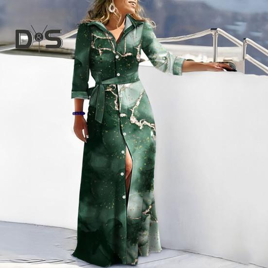 Women Spring Fall Dress Lace Up Tight Waist Striped Print Lapel Long Sleeve Single Breasted Full Length Soft Lady Party Prom Maxi Dress