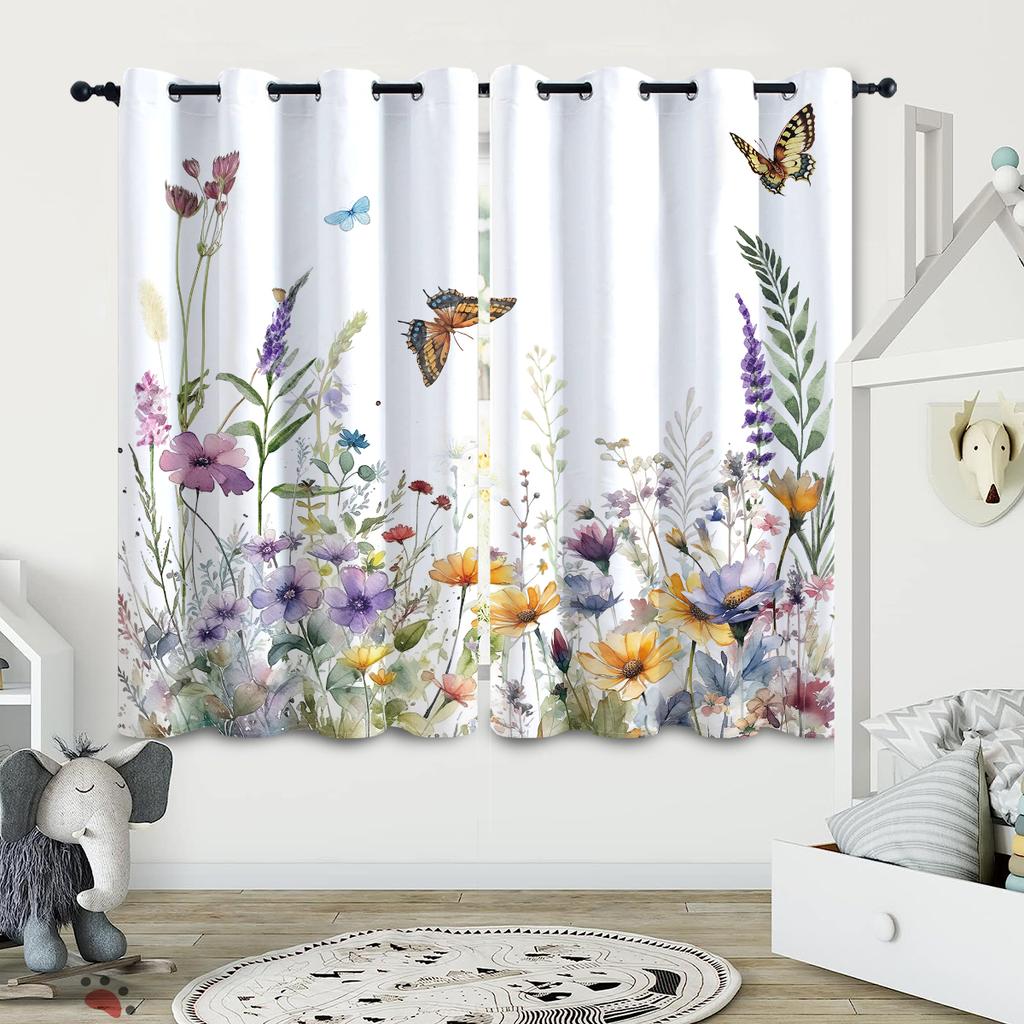 2 шт. штор с принтом в виде свежих и натуральных цветов и бабочек, которые можно использовать для декора спален и гостиных.