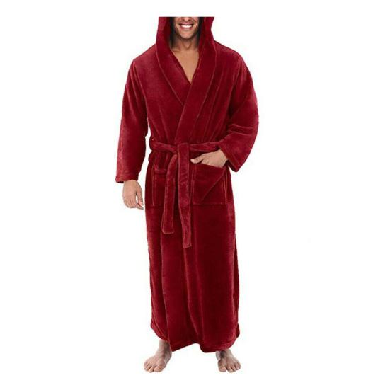 Men Soft Coral Fleece Solid Color Pockets Long Bath Robe Home Gown Sleepwear