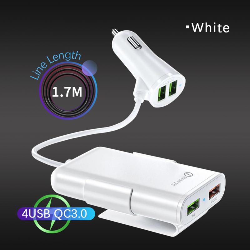 Автомобильное зарядное устройство, 4-портовый USB-концентратор, удлинительный кабель 1,7 м/5,6 фута, пассажирская передняя задняя часть, быстрая зарядка автомобиля