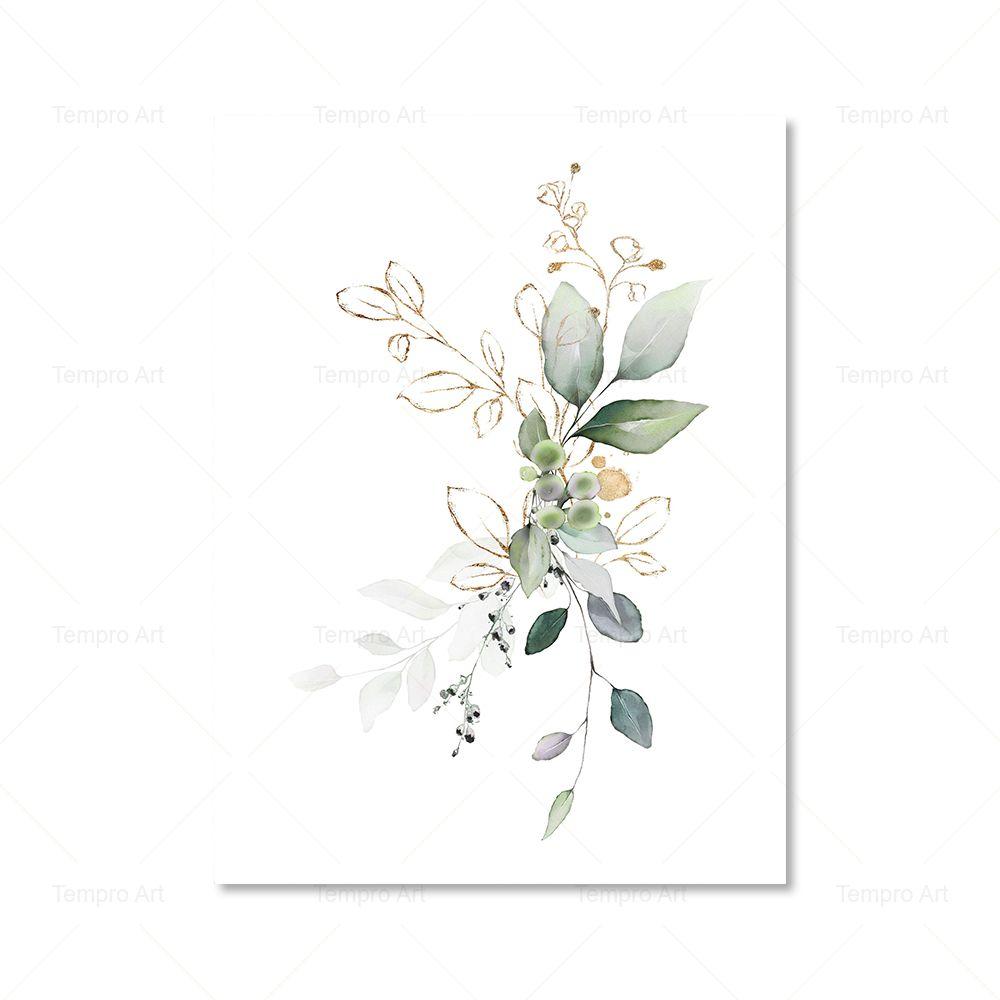Абстрактная картина с золотым листом и цветком, настенная живопись на холсте, акварель, зеленое золото, ботанический постер с принтом, изображение в скандинавском стиле, домашний декор, подарок