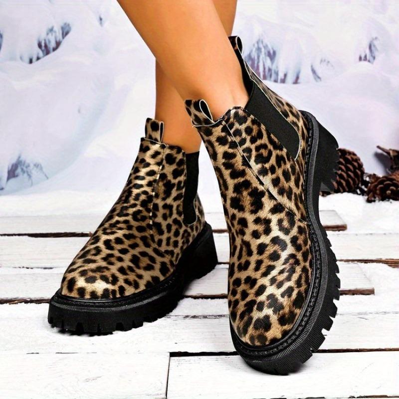 Women's Leopard Print Slip-On Boots - Pull-On Closure, Synthetic Cover Upper with Non-Slip Rubber Sole, All-Season Casual & Formal Footwear