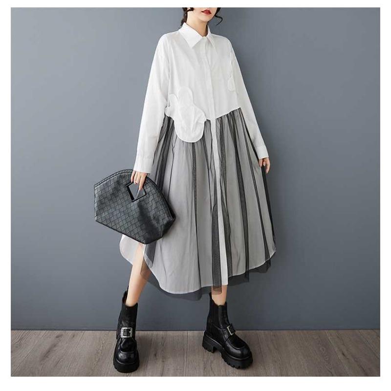 New Mesh Splicing Fashionable Loose Casual Shirt Dress
