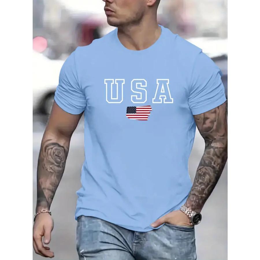 USA Print Short Sleeve T-Shirt For Male, Comfy Elastic Crew Neck Top, Men's Clothing For Summer Daily Wear & Workout