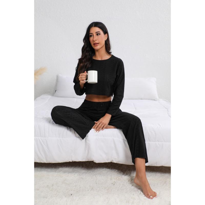 Весна Осень Однотонный Простой Модный Кроп-Топ с Длинным Рукавом Свободный Повседневный Костюм с Брюками на Резинке Женский Комплект