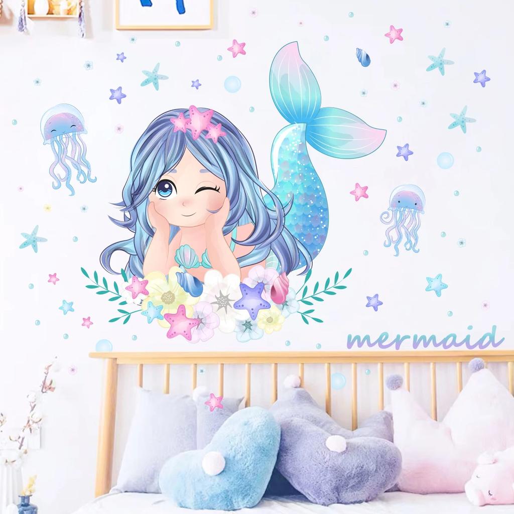 Cute Cartoon Mermaid Jellyfish Starfish Wall Stickers for Kids Room Decor Bedroom Home Decoration Decals