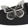 Rhinestone Butterfly Buckle Belt Fashionable Pu Leather Women Wide Belt for Dress Shirt Decoration Black Free Size