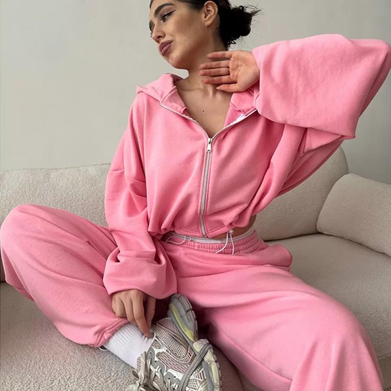 Womens Casual 2-Piece Set: Solid Color Long Sleeve Zip-Up Hooded Sweatshirt Elastic Waist Jogger Pants