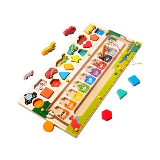 Магнитный лабиринт Деревянная настольная игра 3 в 1 Сортировка по цвету Форма Сопоставление транспортных средств Мелкая моторика