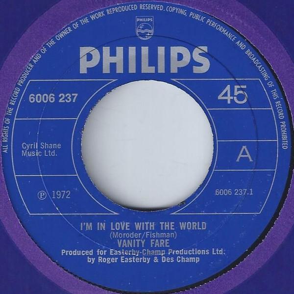 7-дюймовая пластинка VANITY FARE - Я влюблен в мир 6006237 Philips 1972 Великобритания Рок Б/У