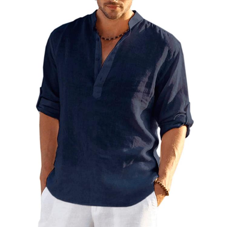 Large Size Men's Spring and Summer Buttoned Top Long Sleeve T-Shirt Solid Loose Fit Linen Shirt