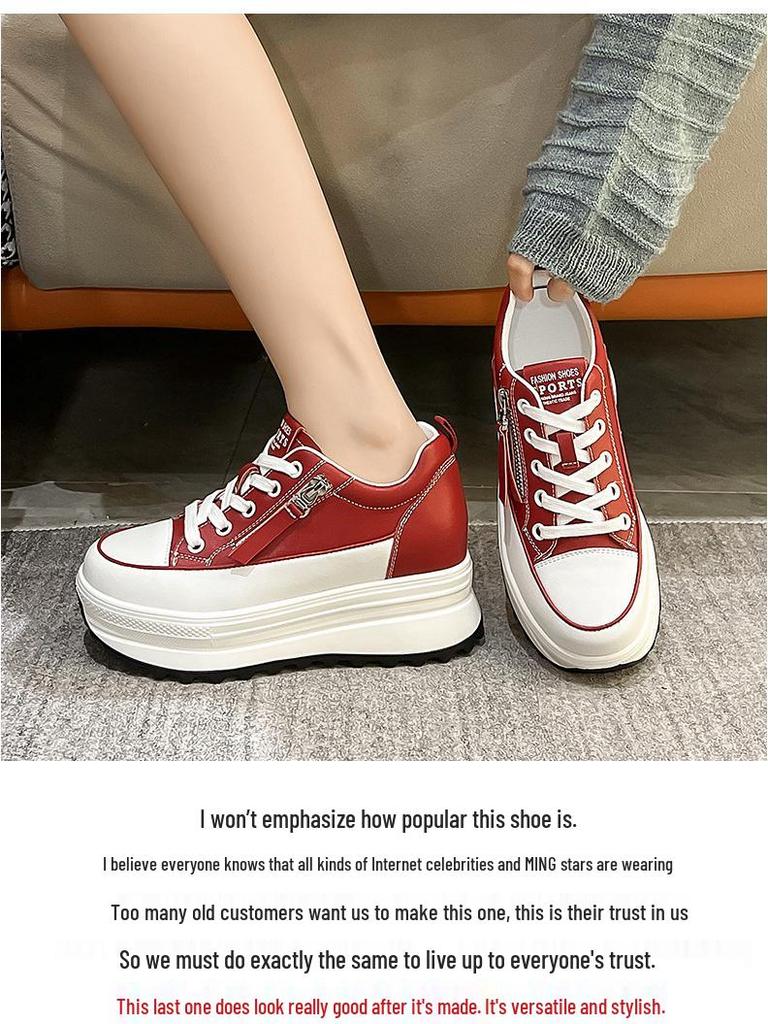 2023 Women's Versatile White Leather Shoes: Casual Style with Inner Height Boost, Korean Trend