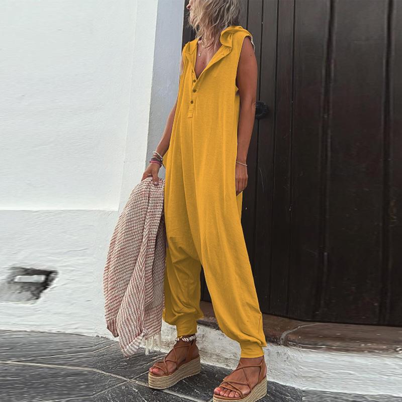 Винтажный комбинезон на пуговицах, летний женский повседневный пляжный комбинезон с перекрестными брюками, модный свободный однотонный комбинезон без рукавов с капюшоном, уличная одежда