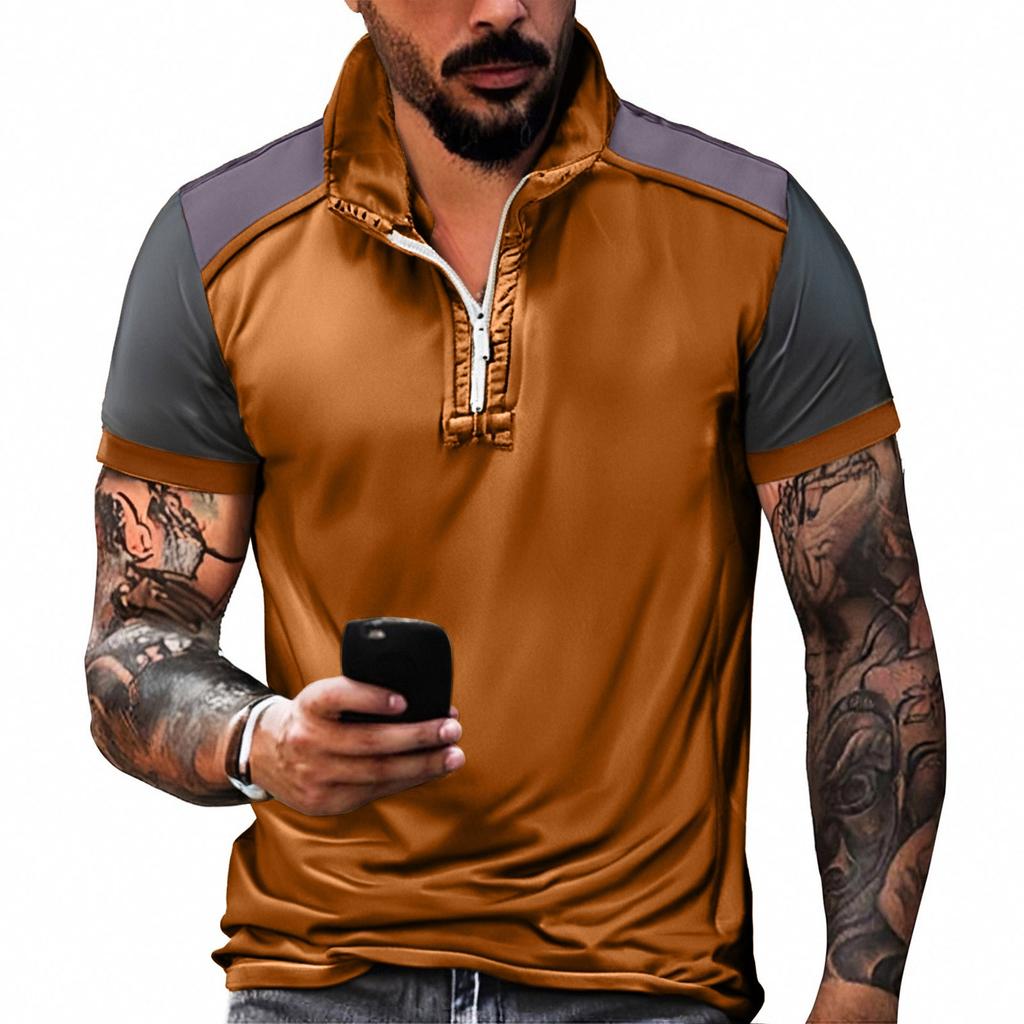 Летняя новинка для мужчин, повседневная рубашка с воротником-стойкой и короткими рукавами, подходящая по цвету, с полумолнией