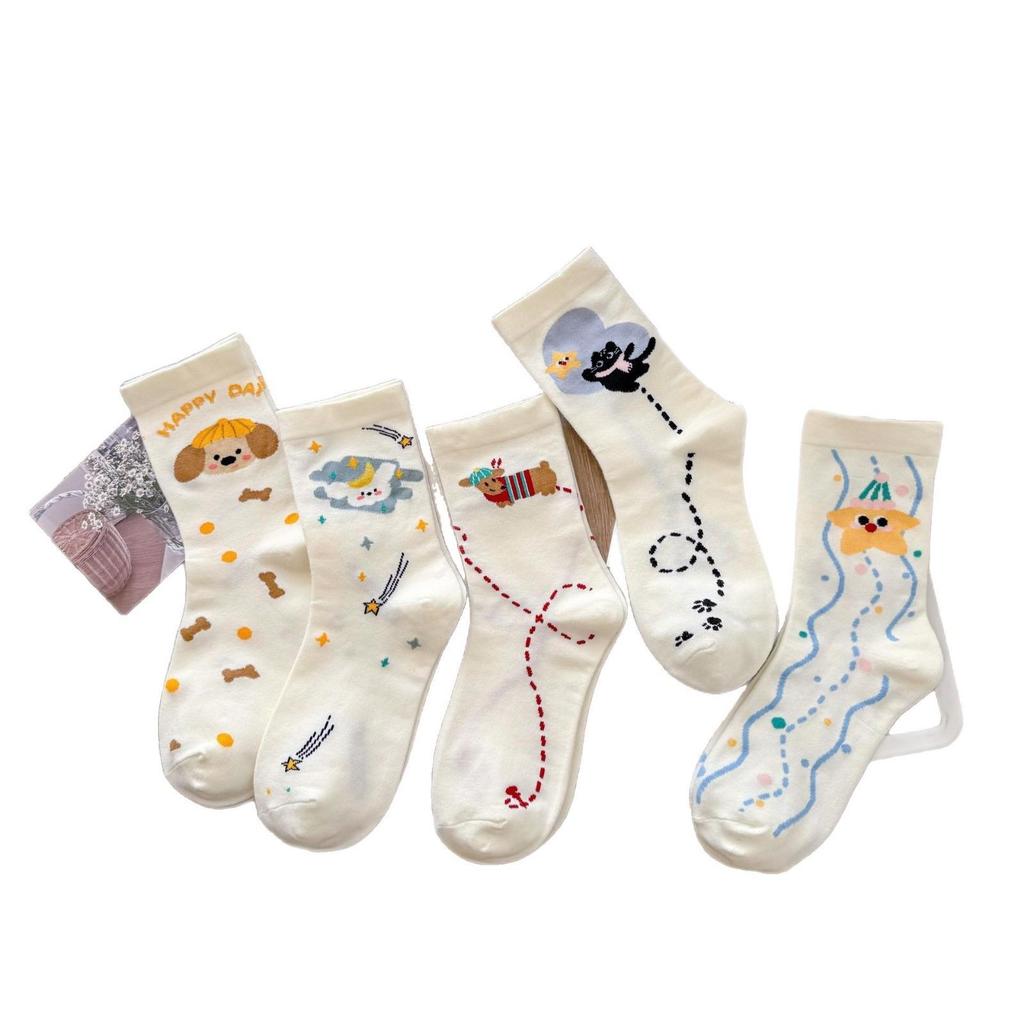 Женские милые носки до середины икры с щенками - Весенне-летние в стиле академии с дизайном японской мультяшной звезды - Корейские студенческие хлопковые носки