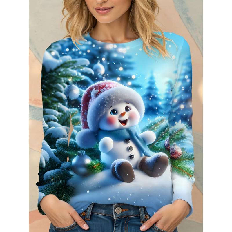 Womens Long Sleeve Loose Fit Christmas Tree Print T-Shirt Casual Round Neck Tee 2025 Fall