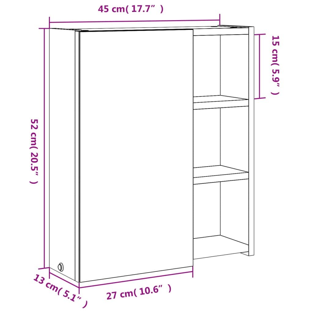 LED Lighted Mirror Cabinet in Oak Finish 45 x 13 x 52 cm