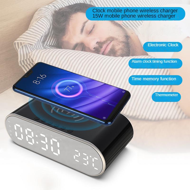 Электрический цифровой будильник с беспроводным зарядным устройством для телефона 15 Вт, настольные HD-часы, зеркало, настольные часы, термометр, светодиодный дисплей времени