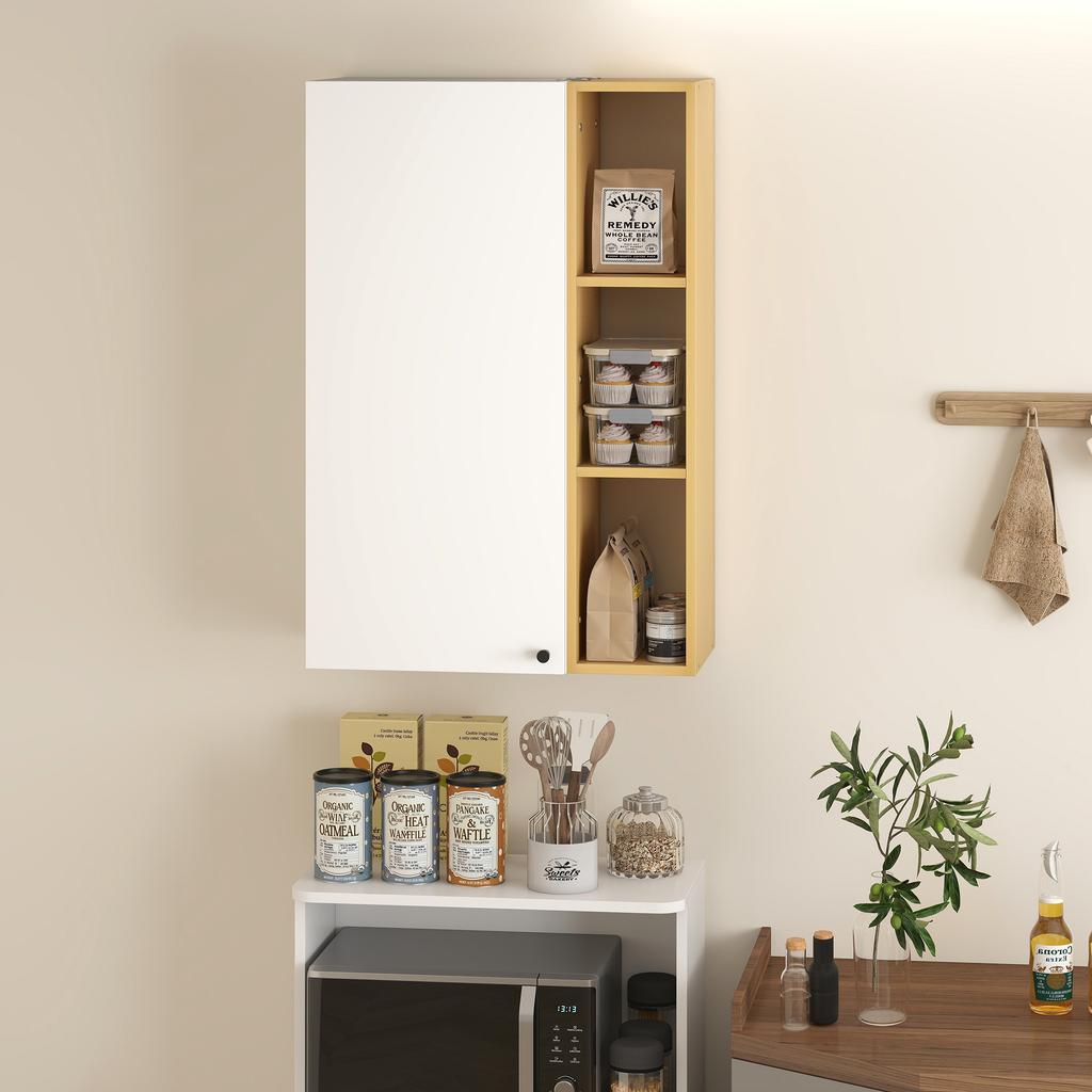 Wall Bathroom Cabinet with Adjustable Shelves and 3 Open Shelves, 59.5x30x90 cm, White and Wood