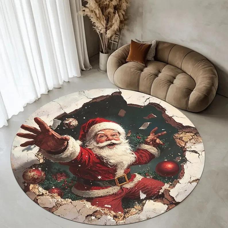 Santa Claus Sled Round Door Mat Carpet Christmas Tree Rug Snowman Round Carpet Bedroom Mat Festival Home Decoration Floor Mat