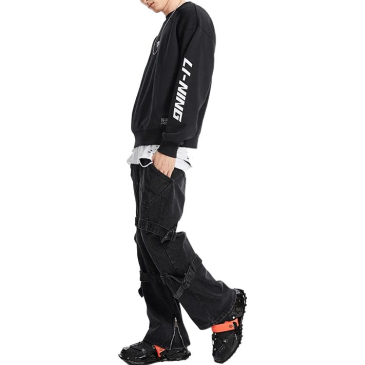 Li-Ning Свободная флисовая толстовка с вышитым логотипом, мужские топы, черный AWDQD27-3