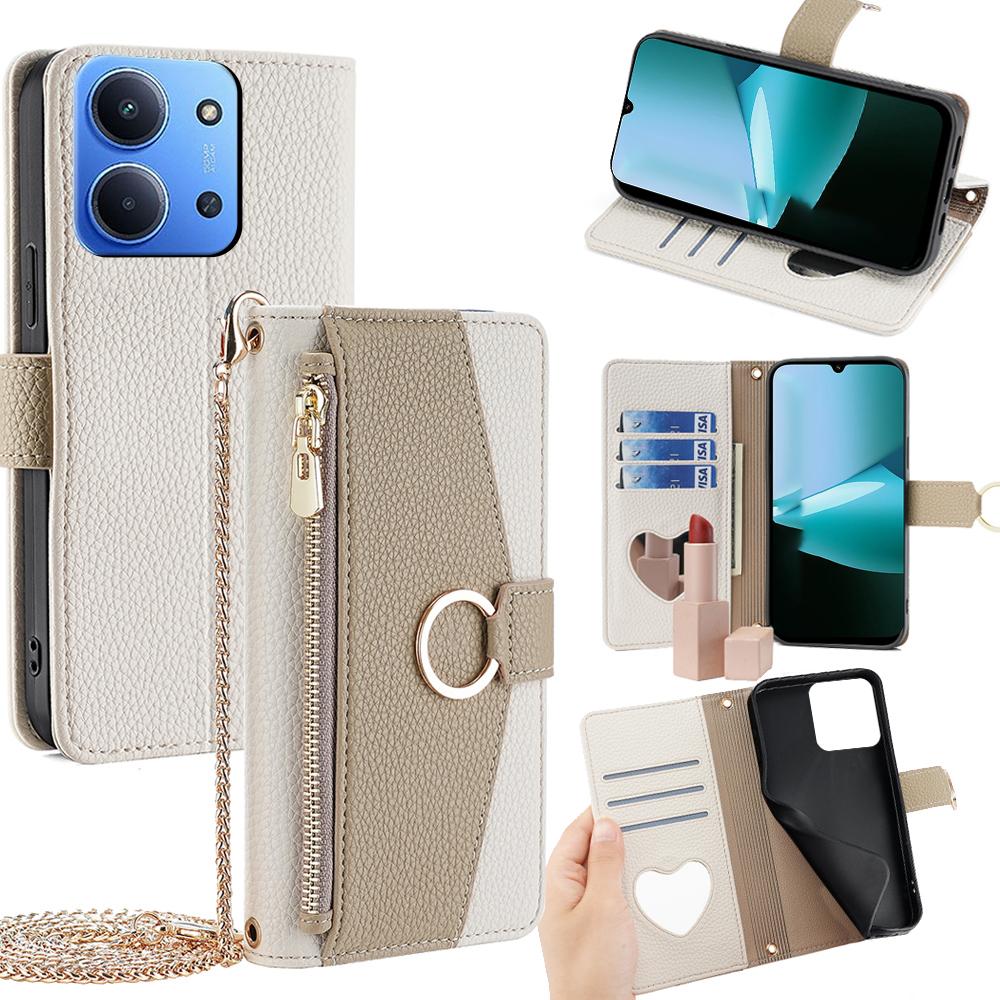 Кожаный чехол для Xiaomi Redmi 15C 4G (США) (173мм)/15C 5G (США) (173мм)/Poco C85 4G (173мм) Зеркальный кошелек Чехол для телефона с цепочкой на плечо