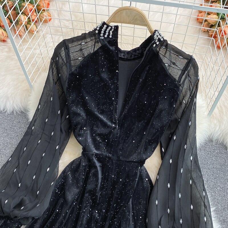 Новое осенне-зимнее супер сказочное элегантное платье с шифоновым воротником и блестками из бисера и бархата