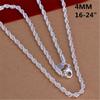 16-24inch for Women Men Beautiful Fashion Silver Charm 4MM Rope Chain Necklace Fit Pendant Jewelry