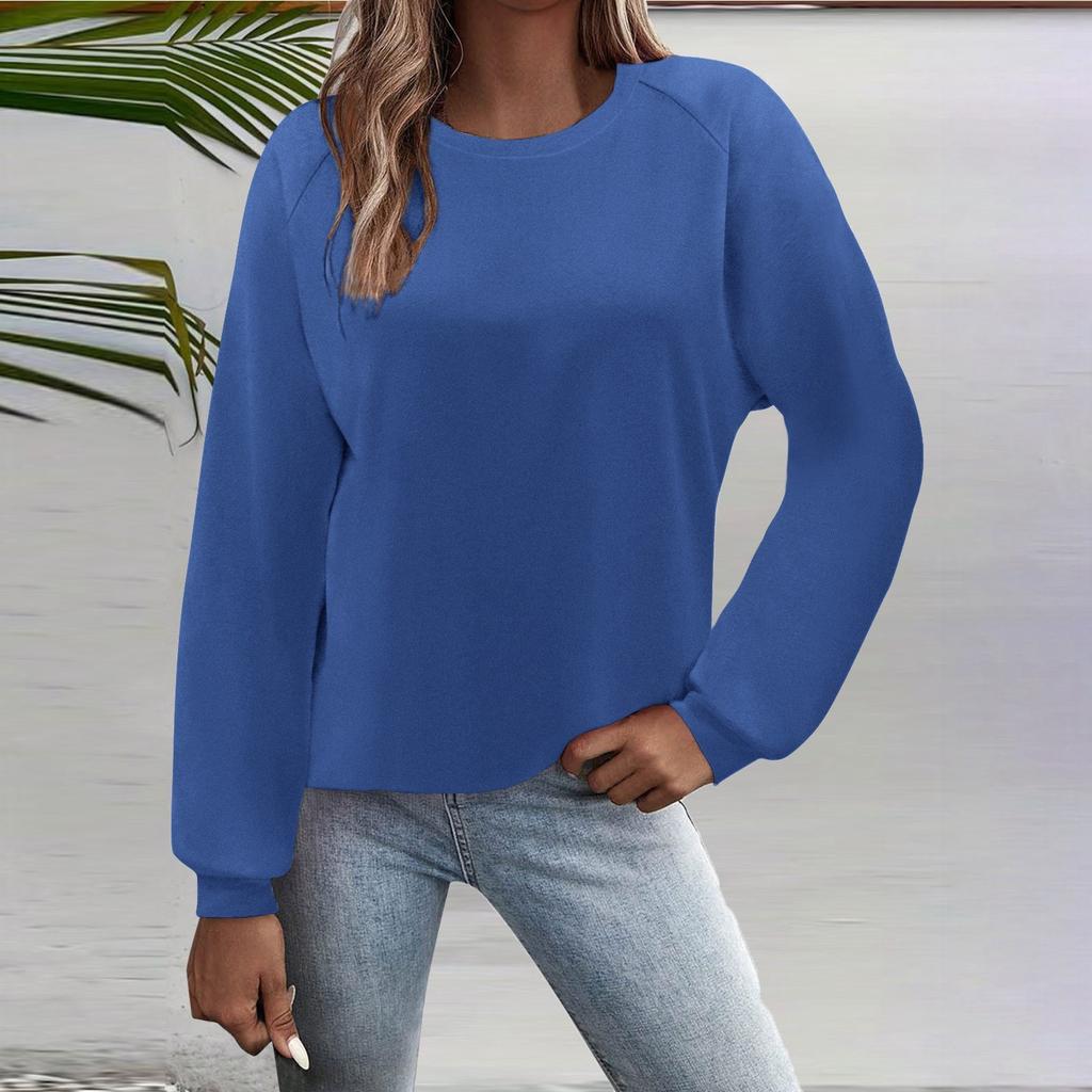 Женская мода повседневный однотонный круглый вырез рукав длинный рукав топ