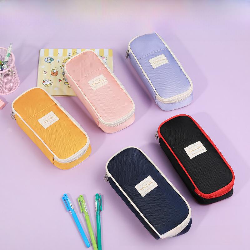 Вместительный холщовый пенал для школьников средних классов с защитой от грязи, двойной застежкой-молнией и тремя слоями, в свежем и простом дизайне в виде макарон.