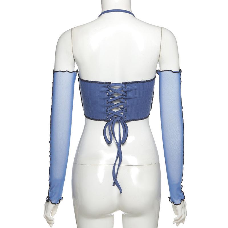 Рубашка в перчатках с длинным рукавом Синие женские футболки Y2k Сексуальные узкие укороченные топы с открытыми плечами на бретельках Летний модный топ Egirl Весна и лето