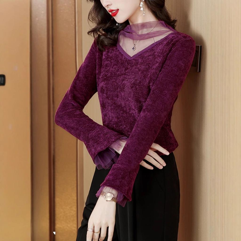 Winter New Splicing Long-sleeved T-shirt Women's Bottoming Shirt with Small Shirt Top